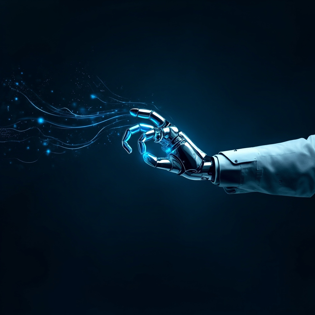 AI automation concept — glowing robot hand and data streams